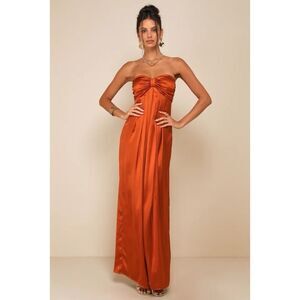 Lulus Memorable Entrance Rust Orange Strapless Satin Maxi Dress NWT Size XS